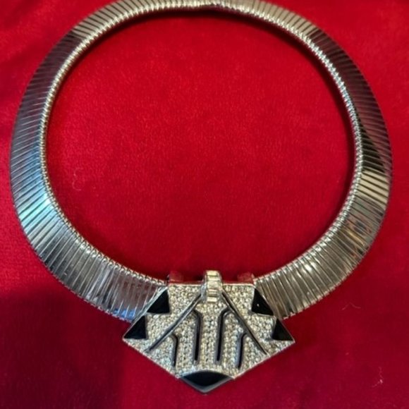 VTG CINER Silver Wide Omega Choker Rhinestone Black Enamel Pendant NECKLACE - Picture 7 of 9